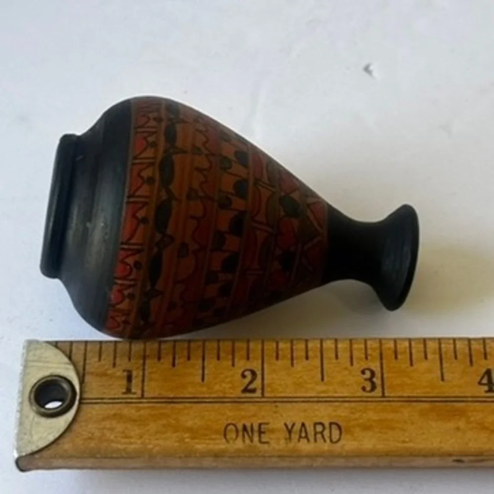 Vintage Miniature Hand Painted Pottery Vase Geometric Tribal Terracotta Black 3